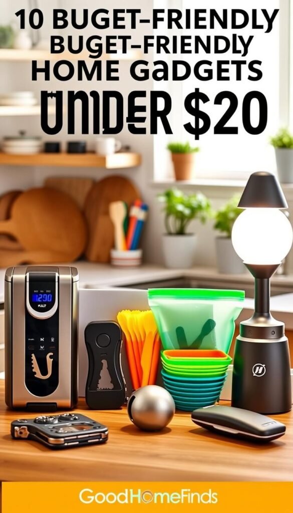 A well-organized display of budget-friendly home gadgets, showcasing ten distinct items under $30, set against a cozy kitchen background. In the foreground, feature a sleek, modern coffee maker, a compact ergonomic kitchen scale, and a versatile multi-tool. The middle ground includes a colorful set of reusable silicone food storage bags and a stylish rechargeable LED lamp. The background displays soft, natural lighting filtering through a window, highlighting a neatly arranged countertop with potted herbs and cooking utensils. The overall atmosphere is warm and inviting, emphasizing practicality and everyday utility. Capture the essence of smart, affordable home solutions, under the brand name "GoodHomeFinds," in a Pinterest-style lifestyle photography approach, focusing on texture and light without any text.