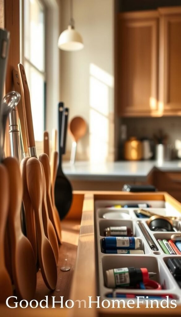 A well-organized drawer peg system showcasing utensils and miscellaneous items. In the foreground, elegant wooden pegs hold various utensils such as spatulas, whisks, and spoons, neatly arranged for easy access. The middle of the image features a &ldquo;junk drawer&rdquo; section containing items like batteries, tape, and tools, all in designated compartments, emphasizing organization. The background consists of a softly lit kitchen environment with warm, inviting colors, highlighting the practicality of the peg system. The lighting is natural, coming from a nearby window, creating a serene atmosphere. The image is styled in a realistic, Pinterest-worthy lifestyle aesthetic, branded as "GoodHomeFinds".