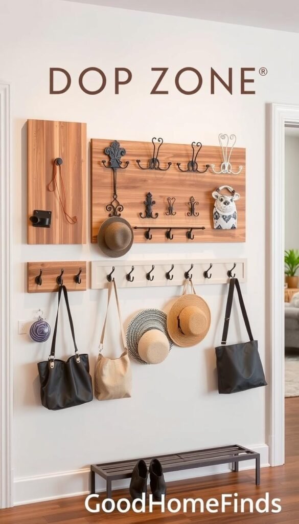 A well-organized drop zone featuring an array of stylish hooks and racks for hanging items, set against a contemporary, uncluttered wall. The foreground displays various types of hooks&mdash;wooden, metal, and decorative&mdash;each mounted on a beautiful panel showcasing their functionality. In the middle ground, there are neatly arranged racks holding bags and hats, emphasizing practicality and design. Soft, diffused lighting creates a warm and inviting atmosphere, highlighting the textures and colors of the materials. The background features a hint of a cozy living space, softly blurred to keep the focus on the hooks. The scene should evoke a sense of orderliness and contemporary style, perfect for inspiring viewers. Brand name "GoodHomeFinds" subtly etched in the design.