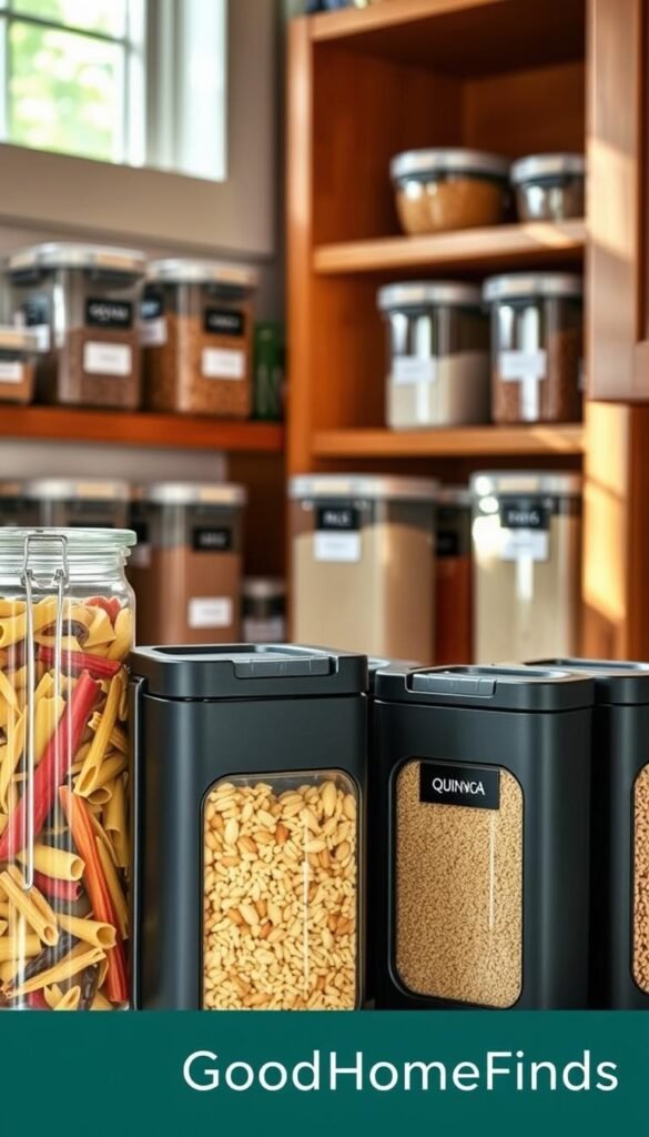 A well-organized dry goods storage area, featuring a series of sealed, pest-resistant containers in various shapes and sizes. In the foreground, a clear glass jar filled with colorful dried pasta and a square, matte black container with labels showcasing grains like rice and quinoa. The middle ground reveals a wooden shelf filled with neatly arranged containers, their contents visible through transparent sections. In the background, soft, warm lighting filters in from a window, casting gentle shadows and highlighting the textures of the wood and the containers. The overall atmosphere is inviting and practical, with a focus on organization and clarity. Set in a cozy kitchen environment that feels like home, with the brand name "GoodHomeFinds" subtly included.