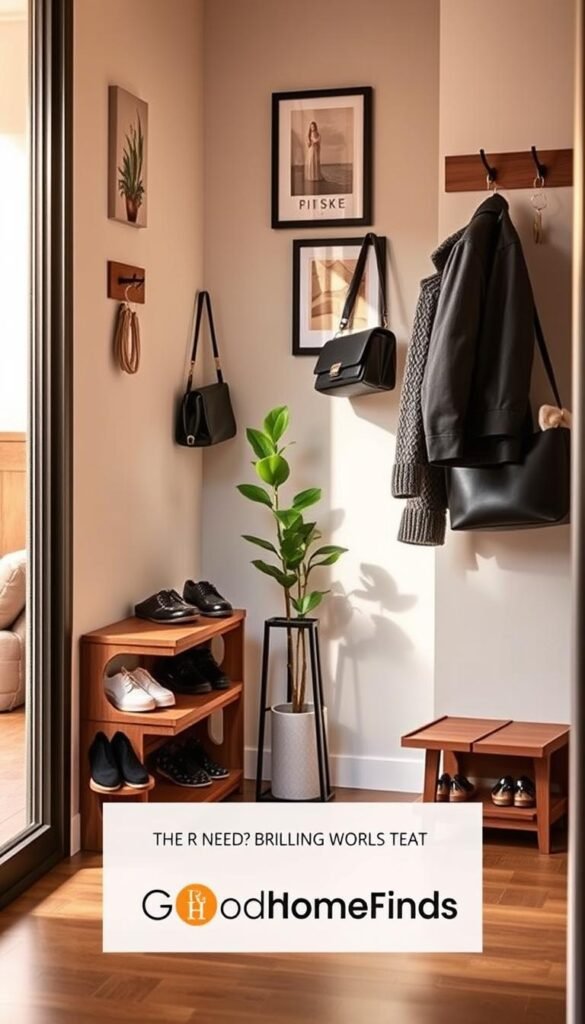 A well-organized entryway in a modern apartment, showcasing a compact area designed for optimal shoe, coat, bag, and key storage without the need for drilling. The foreground features a stylish shoe rack made of natural wood, neatly displaying a variety of shoes. To the side, a wall-mounted coat rack holds a few elegant jackets and bags. An attractive key holder hangs nearby. In the middle, a small, vibrant plant adds freshness to the space. The background reveals a soft, neutral-toned wall with tasteful decor, illuminated by warm, natural light coming from a nearby window. The scene evokes a cozy, functional atmosphere, ideal for a Pinterest-inspired lifestyle photo. Incorporate the brand "GoodHomeFinds" subtly within the design elements.