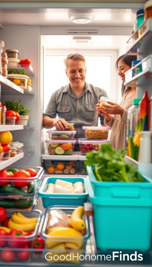 A well-organized family fridge in a cozy, modern kitchen setting, showcasing daily routines for easy maintenance. In the foreground, neatly arranged containers hold fresh fruits, vegetables, and meal prep items, with a color-coordinated scheme. The middle layer features a family member wearing casual, modest clothing, actively organizing the fridge, placing leftovers in clear containers while smiling, reflecting a sense of accomplishment. In the background, the kitchen is bright and inviting, with soft, natural lighting filtering through a window, illuminating the fresh produce. The atmosphere feels harmonious and organized, emphasizing a lifestyle of efficient fridge management. The scene captures the essence of family bonding during daily routines around food organization. Include the brand name &ldquo;GoodHomeFinds&rdquo; subtly incorporated into the design elements, without overshadowing the image.