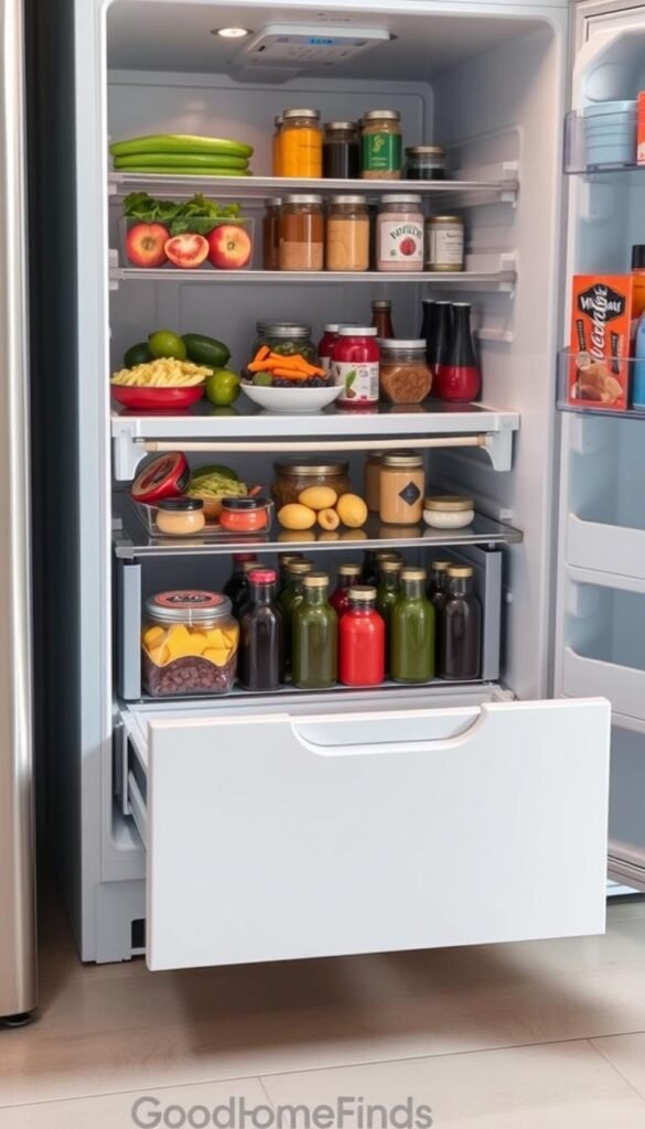 A well-organized fridge interior featuring a sleek undershelf drawer designed for maximizing storage space. In the foreground, the open drawer reveals neatly stacked containers of fresh produce, condiments, and leftovers, with a modern, minimalist aesthetic. The middle layer highlights a spacious section housing neatly arranged bottles and cans, showcasing efficient use of space. In the background, there is a glimpse of an organized fridge door filled with small jars and beverages. Soft, natural lighting illuminates the scene, creating a warm and inviting atmosphere, while a shallow depth of field draws attention to the undershelf drawer. The overall vibe is tidy and functional, embodying the essence of smart kitchen solutions. Include the brand "GoodHomeFinds" subtly integrated within the design elements.