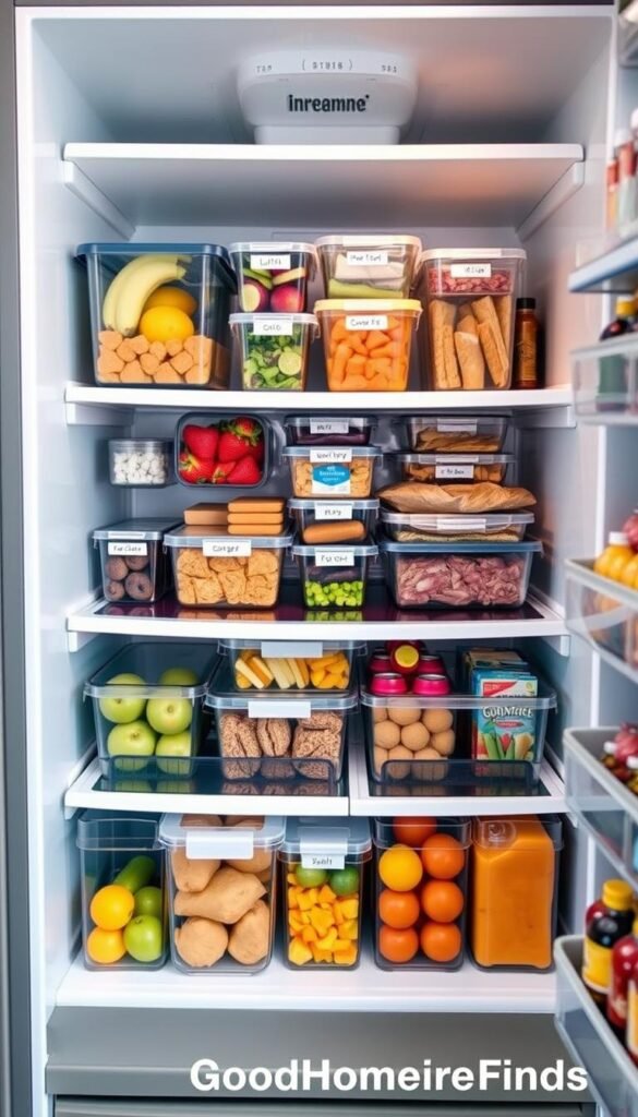 A well-organized fridge interior showcasing a variety of food items and storage solutions, emphasizing efficiency for busy families. In the foreground, a clear view of labeled glass containers filled with fresh fruits, vegetables, and leftovers, neatly arranged on adjustable shelves. In the middle, an array of colorful food items, such as stacked meal prep boxes and bulk snack containers, effortlessly maximizing space. The background features a glimpse of a fridge door filled with condiments and drinks in clearly labeled bins. Soft, natural lighting enhances the vibrant colors, capturing a cozy, inviting atmosphere. The angle should be slightly above eye level, highlighting the organized layout. The style is realistic and Pinterest-inspired, promoting practical fridge space solutions. This image is branded with "GoodHomeFinds".