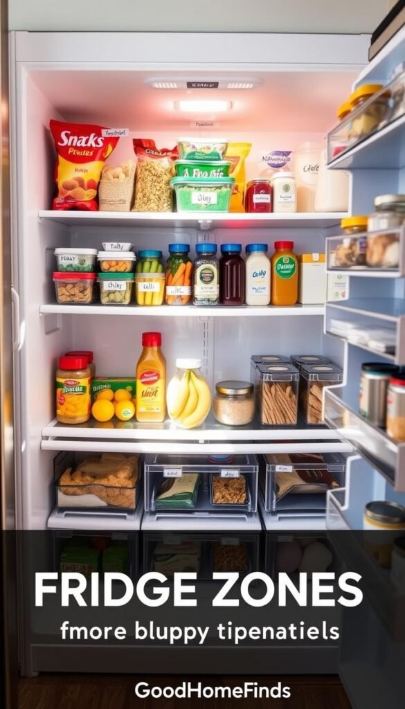 A well-organized fridge interior showcasing distinct "fridge zones" ideal for busy families. In the foreground, there are neatly arranged shelves featuring labeled containers for snacks, fruits, and vegetables, with vibrant colors to highlight freshness. The middle layer displays zones dedicated to condiments and dairy, artfully organized with easy access in mind. The background shows a small freezer section with family-friendly meals stored in clear bins. Natural light streams in from a nearby window, casting a warm, inviting glow over the scene, emphasizing a clean and tidy aesthetic. The overall mood is cheerful and efficient, perfect for families looking to optimize their fridge space. The style is realistic and Pinterest-worthy, embodying the essence of good home organization. GoodHomeFinds.