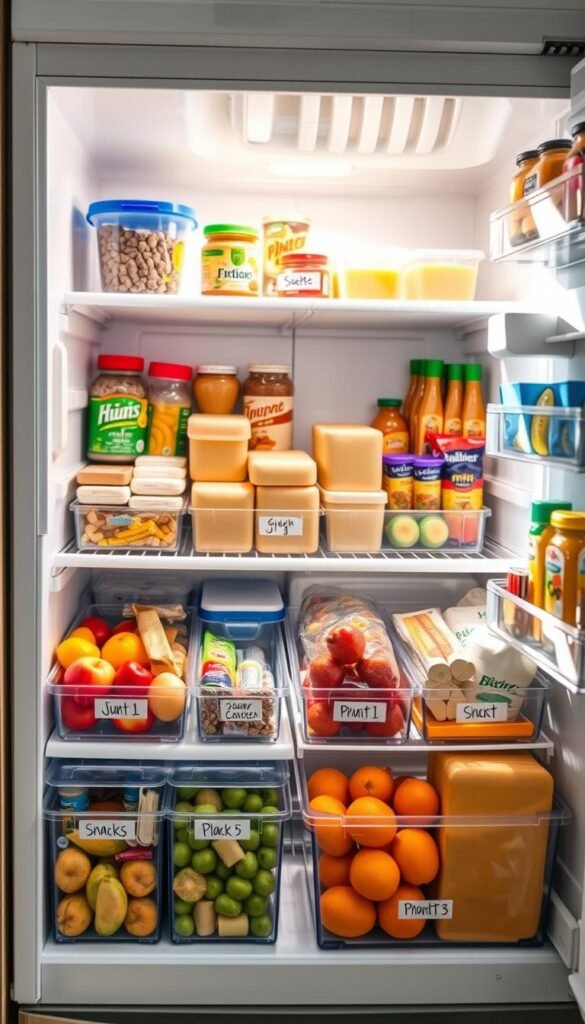 A well-organized fridge scene portraying various containment zones ideal for family use. In the foreground, neatly arranged food items in clear bins labeled for easy access by children, including fruits, snacks, and meal prep containers. In the middle, the fridge shelves showcase colorful produce and dairy items, perfectly organized to optimize space and visibility. The background reveals an inviting kitchen atmosphere, with soft, natural lighting streaming in from a nearby window, creating a warm and inviting feel. Use a slight overhead angle to capture the depth and organization, enhancing the Pinterest-style aesthetic. The overall mood should reflect a sense of order and family-friendly functionality. The image should embody the brand "GoodHomeFinds" through its design and arrangement.