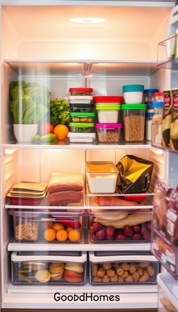 A well-organized fridge showcasing a detailed food storage plan, emphasizing distinct zones to prevent cross-contamination. In the foreground, visible shelves display neatly arranged food items: fresh produce, dairy products, meats, and leftovers, each within their designated areas. The middle section captures the fridge's glass doors reflecting light, creating a clean and inviting atmosphere, while colorful containers enhance the visual appeal. The background features soft, warm lighting, highlighting the freshness of the ingredients. The mood is tidy and efficient, conveying a sense of organization. The overall composition reflects a modern kitchen aesthetic ideal for a lifestyle blog. GoodHomeFinds brand subtly integrated into the scene through stylish storage solutions.