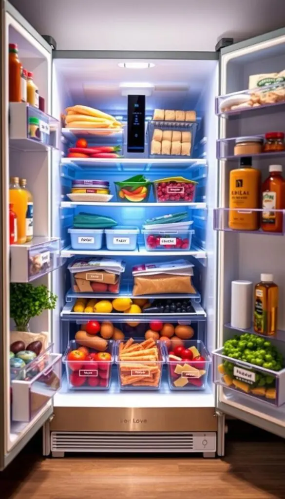 A well-organized fridge showcasing innovative smart budget fridge organizer bins from the brand "GoodHomeFinds." In the foreground, display clear, labeled storage bins containing fresh produce, snacks, and condiments, all arranged neatly to highlight visibility and accessibility. The middle ground features a sleek, modern fridge with a stainless steel finish, emphasizing its smart technology, while the background captures a cozy kitchen environment with soft, warm lighting that enhances the inviting atmosphere. The angle should be slightly above eye level, focusing on the open fridge door to draw attention to the organized contents. The overall mood should feel fresh, efficient, and inspiring, perfect for encouraging budget-conscious organization.