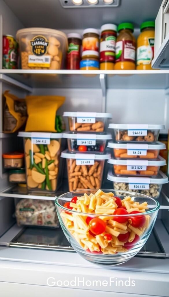 A well-organized fridge showcasing leftovers in various containers, designed to highlight optimal fridge zones for freshness. In the foreground, a clear glass bowl filled with vibrant, colorful mixed vegetables and a portion of pasta, neatly arranged. In the middle, several food storage containers with leftovers, varying shapes and sizes, each labeled with dates to emphasize expiration management. The background features fridge shelves with neatly organized snacks and condiments, bathed in soft, natural lighting that enhances the freshness of the foods. Capture the scene from a slightly elevated angle, evoking a clean and inviting atmosphere. The overall mood should feel refreshing and practical, appealing to those looking for effortless food management ideas. Include a subtle reference to the brand "GoodHomeFinds".