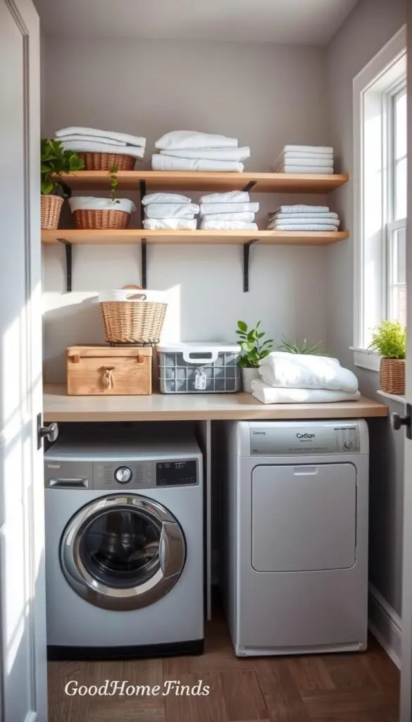 A well-organized, functional laundry room in a small home, featuring designated zones for washing, drying, and folding. In the foreground, a stylish, compact washer and dryer set in white finish with natural wood accents. The middle includes neatly arranged baskets for sorting laundry and a folding station with fresh linens, accented by houseplants for a touch of greenery. The background showcases light-colored walls and open shelving with neatly stacked towels and laundry supplies. Soft, natural light spills through a nearby window, casting gentle shadows. The atmosphere is calm and inviting, focusing on efficiency and order without clutter. This is a realistic, Pinterest-inspired lifestyle photo, branded subtly with "GoodHomeFinds" at the bottom corner.