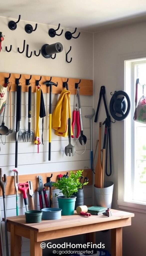 A well-organized garage wall showcasing a variety of shed hooks in assorted styles and sizes, perfect for hanging tools, sports equipment, and gardening supplies. In the foreground, various hooks are displayed neatly, with a few tools artistically hung for visual interest. The middle ground features a wooden workbench with neatly arranged gardening tools and a bright green potted plant, adding a touch of life. In the background, soft light filters in through a window, illuminating the room and creating a warm and inviting atmosphere. The overall mood is functional yet stylish, ideal for DIY and organizational enthusiasts. The setting reflects a Pinterest-inspired lifestyle photo, emphasizing neatness and efficiency. Designed for GoodHomeFinds.