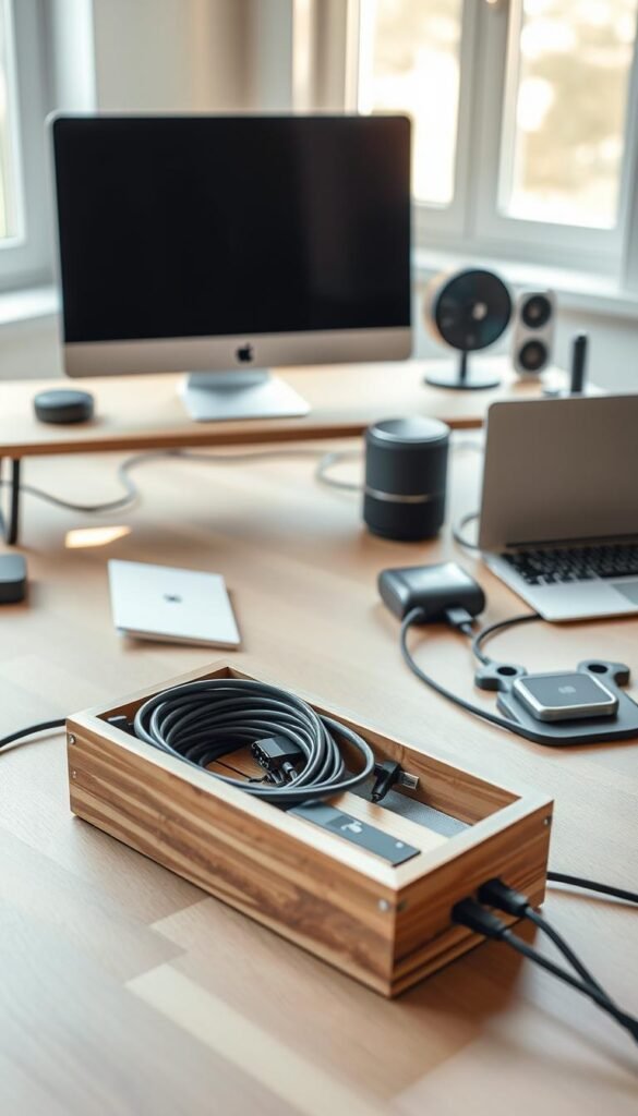 A well-organized home office scene that highlights effective cable management, featuring a neatly arranged workspace with various gadgets designed to safely secure and conceal electrical cables. In the foreground, showcase a stylish cable management box made of wood, with cables neatly coiled inside. The middle layer includes a modern desk with a laptop, a smart speaker, and an elegant cable clip system keeping cords in place. In the background, add a bright window allowing natural sunlight to flood in, creating a warm and inviting atmosphere. Use soft, diffused lighting to bring out the textures of the wooden desk and accessories, captured from a slightly elevated angle to emphasize the neat arrangement. This image embodies the professional and organized aesthetic encouraged by GoodHomeFinds.