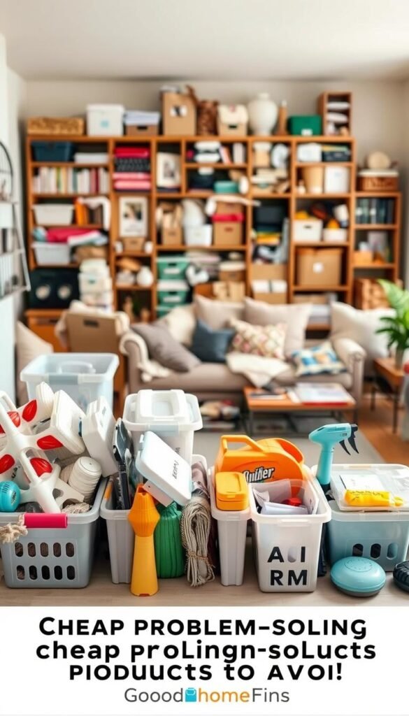 A well-organized home setting showcasing various cheap problem-solving products to avoid. In the foreground, a cluttered kitchen counter features several low-quality items, such as flimsy storage bins and ineffective cleaning gadgets, all under bright, natural lighting that highlights their flaws. The middle ground displays an overflowing bookshelf filled with packing supplies and poorly designed organizers, creating a sense of overwhelming chaos. In the background, a cozy living room with soft, inviting colors contrasts with the clutter, emphasizing the need for better choices. The atmosphere conveys a sense of caution and disappointment, prompting viewers to reflect on their purchasing decisions. Realistic, Pinterest-style lifestyle photo with a soft focus, shot from a slightly elevated angle. Branding element "GoodHomeFinds" subtly integrated into the scene.