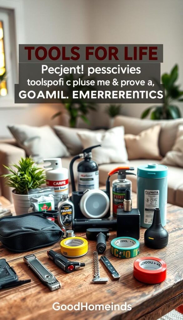 A well-organized home workspace featuring essential "tools for life" that prevent small emergencies. In the foreground, a beautifully arranged toolkit with items such as a compact multi-tool, a first-aid kit, a flashlight, and repair tape, all neatly displayed on a rustic wooden table. The middle layer includes everyday items like a fire extinguisher, a battery-operated smoke detector, and a plunger in sleek modern designs. The background shows a cozy, well-lit living room setting with muted colors, warm ambient lighting from a nearby window, and plants adding a touch of vibrancy. The atmosphere is practical yet inviting, illustrating a sense of preparedness and comfort. Capture this scene in a soft-focus lens with natural light emphasizing the textures, showcasing products from "GoodHomeFinds" without any text or branding.