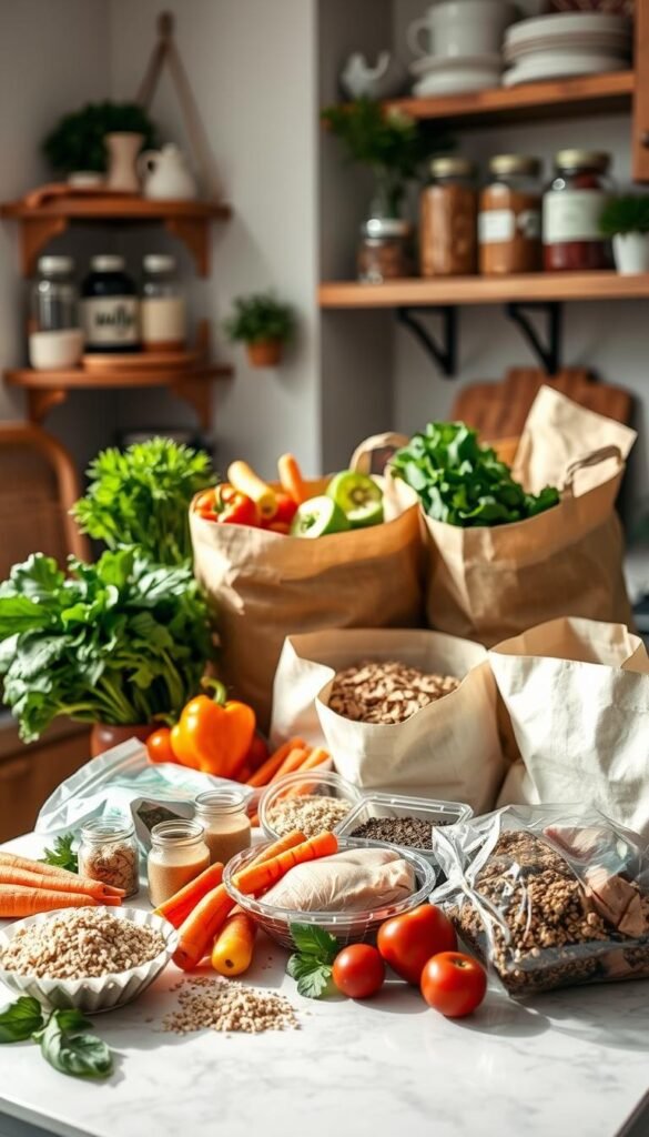 A well-organized kitchen countertop, adorned with fresh ingredients for a week's worth of meals. In the foreground, vibrant produce like bell peppers, carrots, and leafy greens are artfully arranged alongside grains and proteins such as quinoa and chicken breasts. In the middle, eco-friendly grocery bags filled with herbs and canned goods suggest smart swaps for convenience. The background features a cozy kitchen setting with wooden shelves displaying spices in glass jars and a subtle farmhouse d&eacute;cor. Soft, natural light floods through a nearby window, highlighting the textures of the ingredients. The composition should evoke a warm, inviting atmosphere, perfect for meal prepping. Captured with a shallow depth of field to emphasize the fresh ingredients, this lifestyle image reflects the brand essence of GoodHomeFinds.