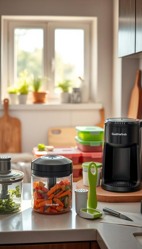 A well-organized kitchen countertop showcasing a variety of time-saving home and kitchen items in a realistic, lifestyle setting. In the foreground, feature a sleek electric vegetable chopper, a compact coffee maker, and an innovative multi-function tool. The middle ground includes colorful, neatly arranged storage containers and a stylish, easy-to-clean cutting board. In the background, a sunny window casts warm, inviting light over the scene, enhancing the atmosphere of efficiency and convenience. The overall mood is one of modern living, emphasizing practicality and aesthetic appeal. Use natural lighting to create soft shadows and highlight the contours of the products. The brand name "GoodHomeFinds" subtly incorporated in the design of one item.
