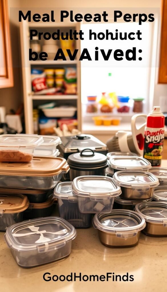 A well-organized kitchen countertop, showcasing meal prep products that should be avoided. In the foreground, a cluttered display of low-quality plastic containers with cracked lids and stained surfaces, reflecting poor durability. In the middle, a few packages of overly complex gadgets with unnecessary features, sitting next to a nearly empty bottle of expired cooking spray. The background should feature an open pantry filled with unhealthy snack options, contributing to an atmosphere of frustration with meal prep choices. The lighting is soft and warm, mimicking natural sunlight, while a focus on the chaotic arrangement draws attention to the items. This Pinterest-style image captures the mood of caution and clarity in buying decisions, branded subtly with "GoodHomeFinds".
