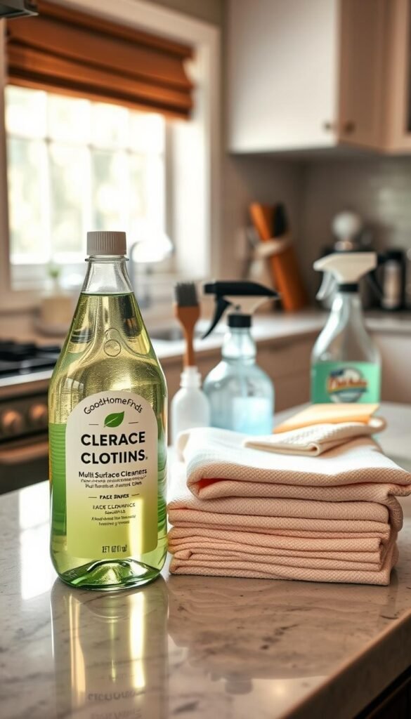 A well-organized kitchen countertop showcasing various cleaning products that have passed a rigorous cleaning finds test. In the foreground, display a shining bottle of a multi-surface cleaner and a stack of eco-friendly cleaning cloths, both adorned with the "GoodHomeFinds" logo. The middle layer features an array of cleaning tools: a durable scrubbing brush, a spray bottle, and an oven cleaner, all neatly arranged. The background hints at a bright, airy kitchen with natural light streaming through a window, illuminating the spotless countertops and creating a warm, inviting atmosphere. Use soft focus to accentuate the products, capturing a Pinterest-style aesthetic that emphasizes cleanliness, value, and real-world practicality. The image should be professional and appealing, with a fresh and clean mood.
