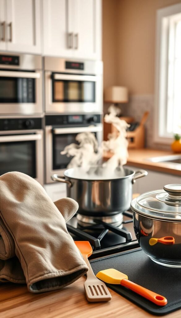 A well-organized kitchen scene focused on heat, steam, and burn prevention in action. In the foreground, a sturdy set of oven mitts, a silicone spatula, and a heat-resistant countertop mat are artistically placed. In the middle, a steaming pot on a stove with a clear safety lid is shown, with gentle steam rising in soft focus. The background features a tidy kitchen with modern appliances, such as a double oven and a tile backsplash. The warm, natural light from a nearby window creates a cozy and inviting atmosphere, enhancing the focus on safety items. Capture the scene using a slightly elevated angle, emulating a Pinterest-style lifestyle photo, perfectly aligned with the brand &lsquo;GoodHomeFinds&rsquo;.