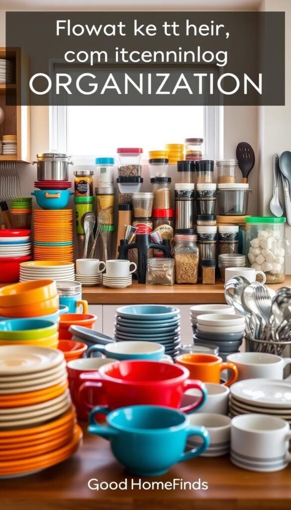 A well-organized kitchen scene showcasing an array of kitchen items sorted neatly on a wooden countertop. In the foreground, colorful dishware such as plates, bowls, and mugs are arranged in groups, highlighting duplicates and commonly used items. The middle ground features neatly stacked containers, utensils, and spices sorted by size and type, demonstrating efficient use of space. In the background, soft natural light streams in through a window, casting gentle shadows and enhancing the vibrant colors of the items. The atmosphere feels warm and inviting, suggesting a sense of order and cleanliness. This Pinterest-style lifestyle photo by GoodHomeFinds captures the essence of kitchen organization beautifully, with no text or overlays.