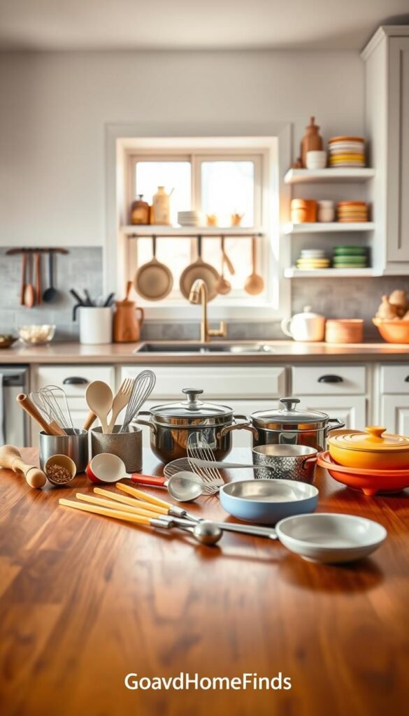A well-organized kitchen setting showcasing a variety of common kitchen items to avoid, such as flimsy plastic utensils, low-quality non-stick pans peeling at the edges, bright-colored cheap dishware, and impractical gadgets cluttering the countertop. The foreground focuses on a pristine wooden kitchen table, with these undesirable items artistically arranged, emphasizing their cheapness. The middle layer features a cozy, inviting kitchen space with soft, natural lighting illuminating the scene through a window, casting gentle shadows. The background reveals neatly organized shelves with high-quality kitchen essentials in neutral tones, contrasting with the items to avoid, creating a sense of clarity and quality. Aim for a Pinterest-style lifestyle photo that is warm and relatable, without any text or branding visible, except for the subtle branding of “GoodHomeFinds.” A well-organized kitchen setting showcasing a variety of common kitchen items to avoid, such as flimsy plastic utensils, low-quality non-stick pans peeling at the edges, bright-colored cheap dishware, and impractical gadgets cluttering the countertop. The foreground focuses on a pristine wooden kitchen table, with these undesirable items artistically arranged, emphasizing their cheapness. The middle layer features a cozy, inviting kitchen space with soft, natural lighting illuminating the scene through a window, casting gentle shadows. The background reveals neatly organized shelves with high-quality kitchen essentials in neutral tones, contrasting with the items to avoid, creating a sense of clarity and quality. Aim for a Pinterest-style lifestyle photo that is warm and relatable, without any text or branding visible, except for the subtle branding of “GoodHomeFinds.”