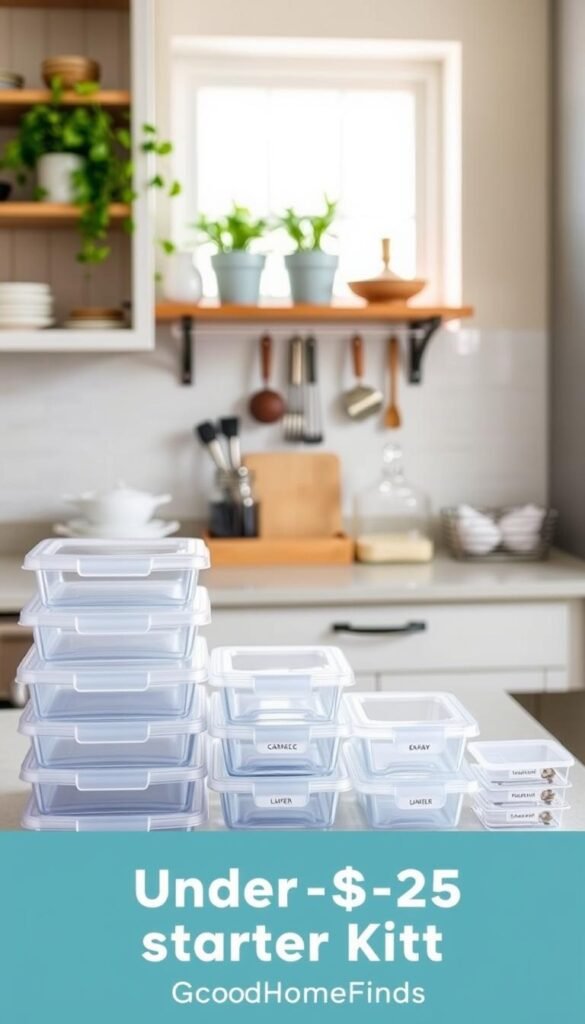 A well-organized kitchen storage scene featuring an inviting and clutter-free countertop. In the foreground, display a neatly arranged under-$25 organization starter kit, showcasing clear stackable containers, stylish labels, and compact drawer dividers. The middle ground includes a wooden shelving unit with potted herbs, along with easily accessible kitchen tools, emphasizing practicality and style. The background features soft, natural lighting filtering through a window, casting a warm glow on light-colored cabinets. The overall atmosphere is serene and inspiring, perfect for a modern, organized kitchen. The image embodies the brand "GoodHomeFinds," inviting viewers to explore efficient and affordable kitchen storage solutions through a realistic, Pinterest-style lifestyle presentation.