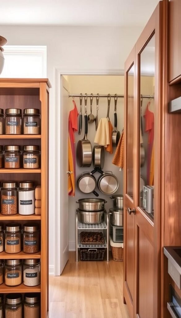 A well-organized kitchen storage space, featuring a stylish wooden shelving unit filled with labeled glass jars containing grains and spices in the foreground. In the middle, a cozy nook displays neatly arranged pots and pans hanging from a wall-mounted rack, with colorful kitchen towels adding accents. The background showcases a compact pantry door slightly ajar, revealing additional storage solutions like baskets and stackable bins. Soft, natural light streams through a nearby window, illuminating the rich textures of the wooden shelves and the shiny glass containers, creating a warm and inviting atmosphere. The scene exudes practicality and elegance, capturing the essence of effective and budget-friendly organization. Style it as a Pinterest-inspired lifestyle photo by GoodHomeFinds, without any text or overlays.