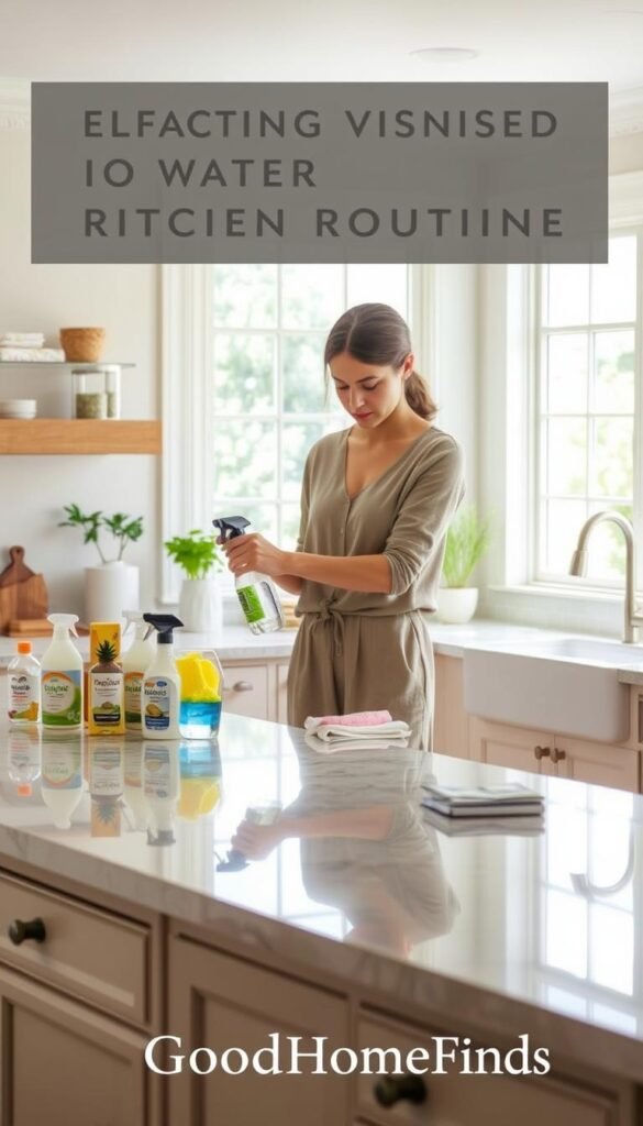 A well-organized kitchen with a beautiful island in the foreground, featuring an array of cleaning supplies arranged neatly, such as eco-friendly detergents, sponges, and cloths. In the middle, a person in modest casual clothing is demonstrating a water routine for cleaning surfaces, spraying a natural cleaner on the countertop while wiping it down with a cloth, showcasing an effective, efficient technique. The background shows a bright and airy kitchen with large windows, allowing soft natural light to illuminate the scene and create a fresh, inviting atmosphere. The overall mood is calm and focused, encouraging viewers to embrace effective cleaning routines. This image embodies a Pinterest-style aesthetic, branded with "GoodHomeFinds" subtly incorporated into the visual elements.