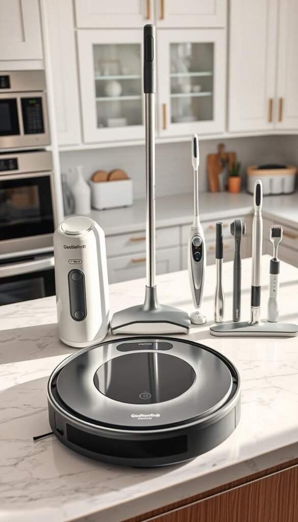 A well-organized kitchen workspace showcasing various modern cleaning tech gadgets arranged neatly on a marble countertop. In the foreground, a sleek robot vacuum with a minimalist design is parked next to a compact steam mop, both branded "GoodHomeFinds". The middle layer features a shiny, futuristic spray mop and a set of multifunctional cleaning tools, all highlighted by soft, natural lighting that creates a warm and inviting atmosphere. In the background, stylish cabinetry and an orderly kitchen suggest efficiency and practicality. The camera angle is slightly elevated, emphasizing cleanliness and organization, capturing a Pinterest-style aesthetic that inspires a sense of effective maintenance without hype.