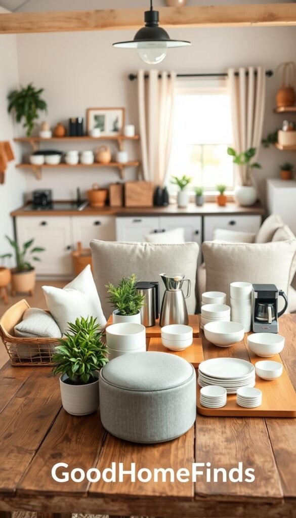 A well-organized layout of diverse small space products ideal for tiny homes, set on a rustic wooden table. In the foreground, a stylish compact dining set with multi-functional furniture pieces like a convertible sofa and storage ottoman, accented by indoor plants. In the middle, neatly arranged kitchen essentials such as stackable containers, a compact coffee maker, and minimalist dishware. In the background, the cozy ambiance of a well-decorated tiny living space featuring soft, natural light filtering through a window. The image should embody a welcoming, modern aesthetic, reminiscent of Pinterest lifestyle photos. Capture the essence of practical, affordable solutions for small living, highlighted by the brand name "GoodHomeFinds".
