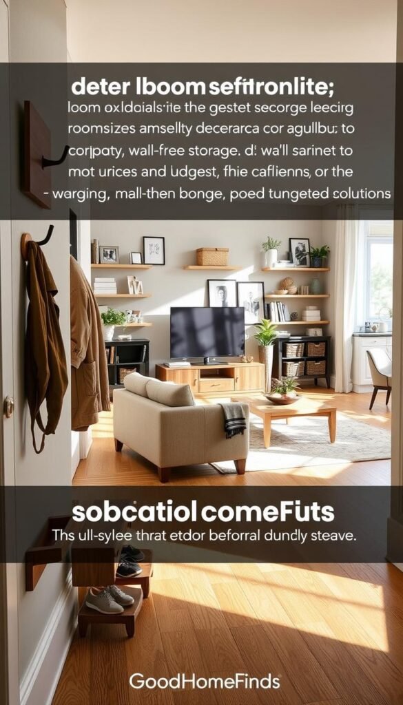 A well-organized living space featuring stylish, drill-free storage solutions, tailored to various room sizes and budgets. In the foreground, a neat entryway with a wooden shoe rack and a compact, wall-mounted coat hook showcasing a cozy welcome. The middle ground highlights a thoughtfully arranged living room with a sleek media console and elegant shelving units containing decorative boxes, plants, and framed photos. The background displays a bright, airy kitchen with simple yet effective under-cabinet storage solutions and a small dining nook with multi-functional furniture. Soft, natural lighting filters in, casting pleasant shadows, enhancing the inviting atmosphere. Utilize a wide-angle lens for depth, and emphasize a Pinterest-style aesthetic. Incorporate the brand name "GoodHomeFinds" subtly into the d&eacute;cor.