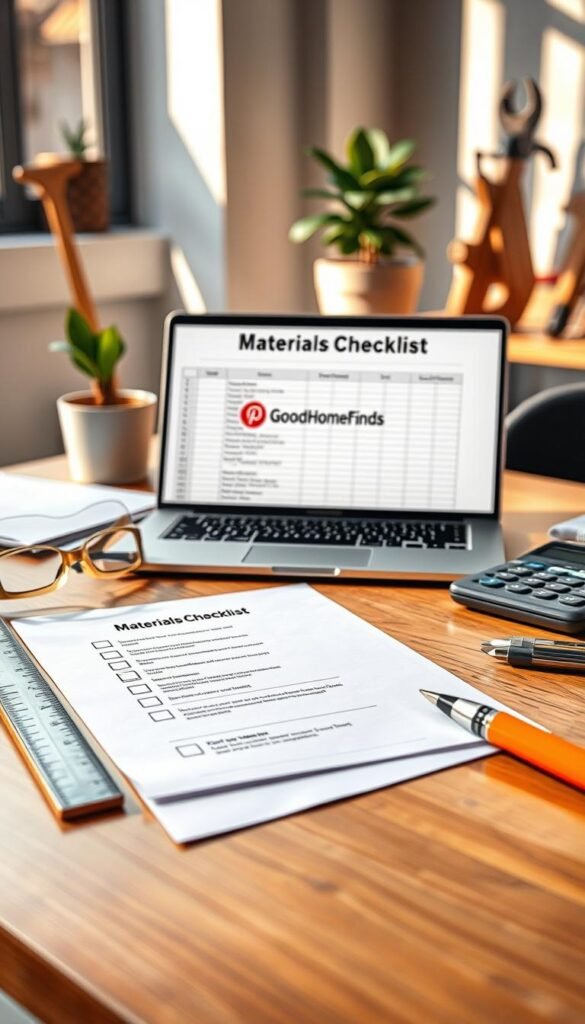 A well-organized materials checklist on a stylish wooden desk, featuring neatly arranged items such as a ruler, safety goggles, a calculator, and a laptop displaying a spreadsheet. The checklist itself should be a focal point, with clearly marked bullet points and checkboxes. The scene is set in a modern workspace with soft, warm lighting filtering through a window, casting gentle shadows. In the background, a potted plant and artfully arranged tools suggest a creative yet professional atmosphere. The brand name "GoodHomeFinds" is subtly integrated into the scene through a small logo on the laptop screen. This image captures the essence of quality and safety checks while maintaining a polished, Pinterest-inspired aesthetic.