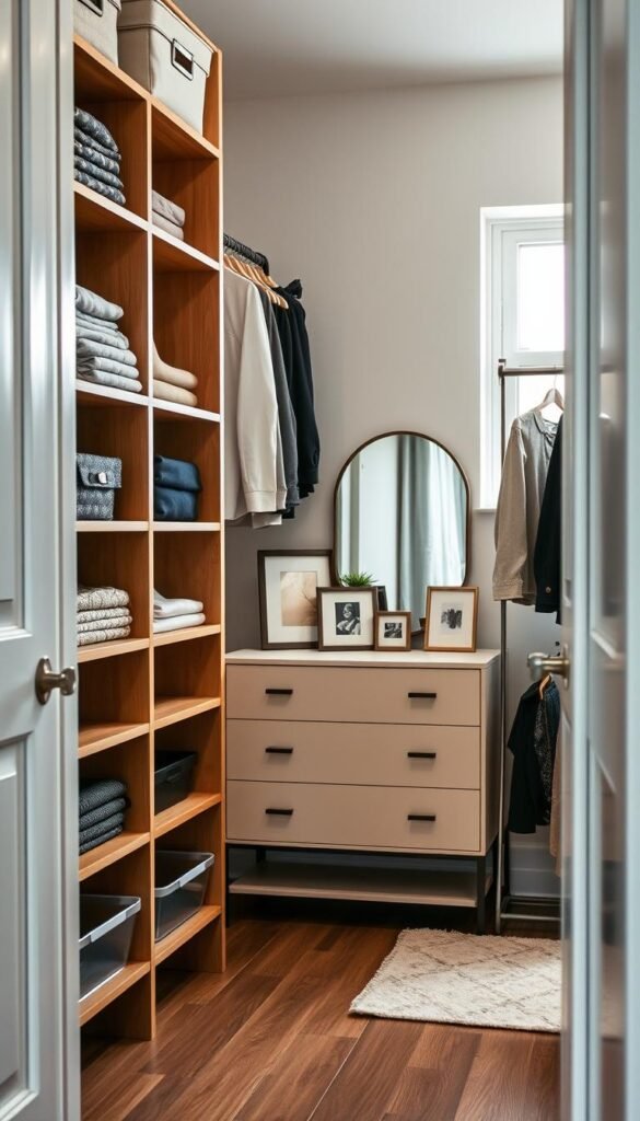 A well-organized modern closet storage space with an inviting atmosphere, showcasing efficient and stylish storage solutions for 2026. In the foreground, sleek wooden shelves hold neatly folded clothing and decorative storage bins, while hangers feature coordinated outfits in casual and professional styles. The middle ground displays a chic dresser with a mirror, adorned with minimalistic decor like small plants and framed photos, creating a homely touch. In the background, a bright window filters natural light, highlighting the clean lines and textures of the closet. The mood is fresh and vibrant, emphasizing a balance between practicality and elegance. Capture this scene with soft, diffused lighting and a slightly elevated angle to bring depth, ensuring a Pinterest-style aesthetic reflective of "GoodHomeFinds."