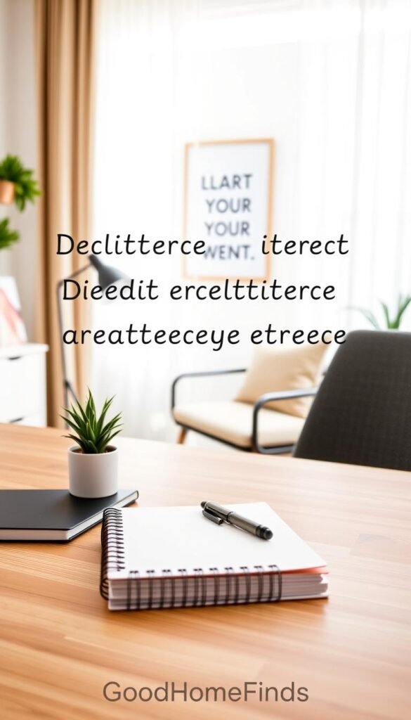 A well-organized, modern desk setup in an inviting home office environment, featuring a clean wooden desk with a minimalistic design. In the foreground, neatly arranged stationery includes a stylish notebook, a sleek pen, and a small potted plant. The middle layer presents a cozy office chair with soft cushions, and a motivational wall art piece in soft pastel colors. The background is softly blurred, showing a well-lit window with sheer curtains allowing natural light to fill the space. The atmosphere is serene and productive, evoking a sense of calm and focus, perfect for decluttering and resetting your workspace. The image captures a Pinterest-inspired aesthetic, showcasing smart organization and thoughtful design. GoodHomeFinds.