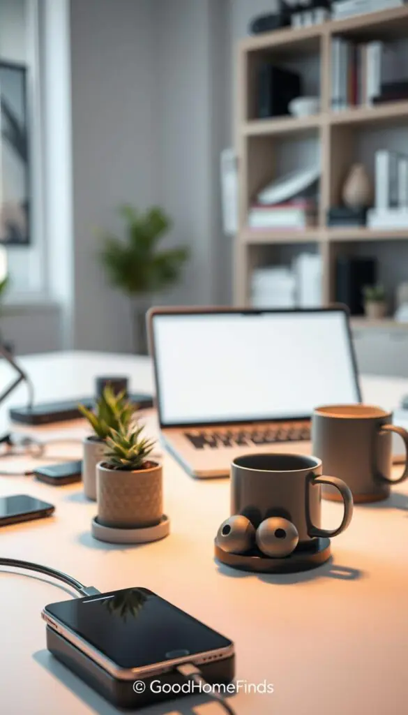 A well-organized modern home workspace with various everyday gadgets in use. In the foreground, a sleek smartphone is plugged into a charging dock, its screen glowing faintly to indicate it's charging. A pair of wireless earbuds is nearby, resting on a minimalistic desk with a potted succulent and a stylish coffee mug. In the middle ground, a laptop displays a bright and inviting workspace, with muted natural light streaming in from a large window, creating a warm ambiance. The background includes a softly blurred bookshelf filled with gadgets and books. The overall mood is productive and energetic, capturing the essence of common tech mistakes and challenges people face daily. The composition gives a lifestyle-feel reminiscent of Pinterest, showcasing the brand "GoodHomeFinds" subtly integrated into the scene.