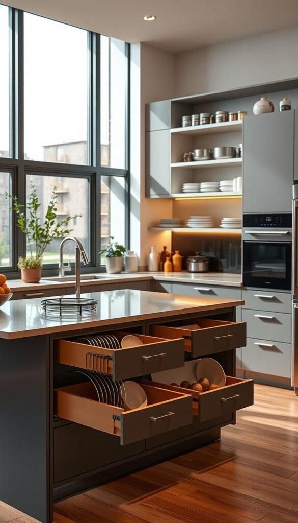 A well-organized, modern kitchen featuring space-efficient storage solutions ideal for small apartments. In the foreground, a stylish kitchen island with pull-out drawers and decorative dish racks, emphasizing functionality. In the middle, sleek cabinets and open shelving filled with neatly arranged kitchenware, like pots, pans, and jars. In the background, large windows allowing natural light to flood the space, illuminating the minimalist design. The atmosphere is warm and inviting, highlighting a balance of practicality and aesthetics. Use soft lighting to create a cozy ambiance. The scene captures the essence of modern living with an emphasis on space requirements, showcasing products from GoodHomeFinds, designed for small, urban lifestyles.