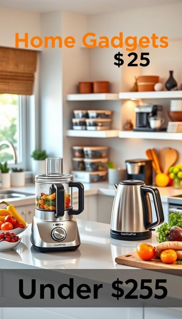 A well-organized, modern kitchen showcasing practical home gadgets under $25, emphasizing their time-saving features. In the foreground, a stylish countertop features a sleek, multifunction food processor and an elegant electric kettle, both from the brand GoodHomeFinds. The middle ground includes a neatly arranged shelf with versatile storage containers and a compact coffee maker, highlighting functionality. The background features warm, soft lighting that enhances the inviting atmosphere, with a window showing a glimpse of a sunny garden outside. A variety of fresh ingredients and kitchen utensils artfully arranged suggest an active, efficient home environment, capturing the essence of practicality and value in everyday life. The image should exude a sense of inspiration and ease, perfect for a Pinterest lifestyle aesthetic.