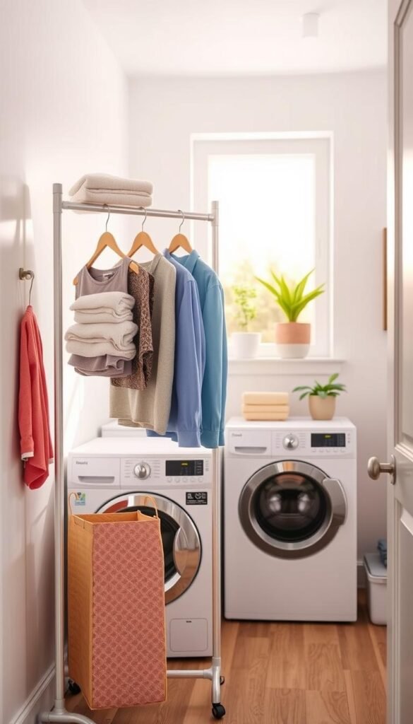 A well-organized, modern laundry room featuring a sleek, no-drill wardrobe rack designed for renters. In the foreground, the rack holds neatly folded towels and colorful garment bags, showcasing an appealing, minimalist aesthetic. The middle ground depicts a small washer and dryer combo, surrounded by chic storage bins, while an inviting window bathes the scene in warm, natural light, enhancing the cozy, functional atmosphere. In the background, light-colored walls, adorned with tasteful art and potted green plants, contribute to a fresh, airy feel. The image embodies a Pinterest-style lifestyle vibe, ideal for showcasing efficient laundry solutions in small homes. Capture this scene to reflect the renter-friendly, easy-to-undo ethos of "GoodHomeFinds."