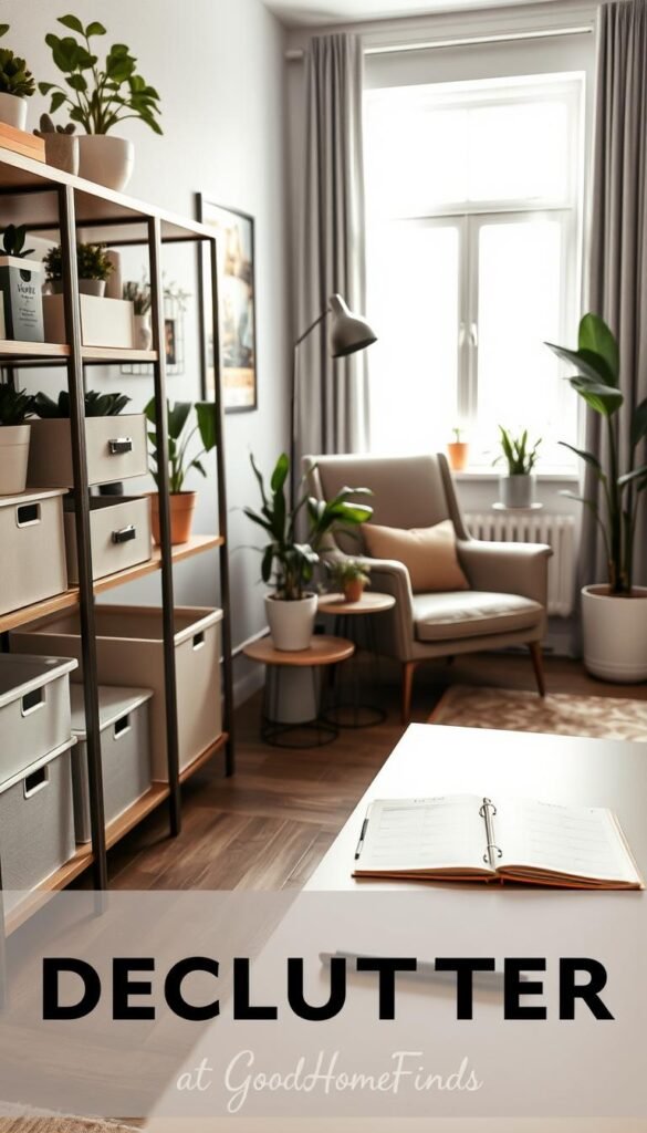 A well-organized modern room showcasing various decluttering methods. In the foreground, a stylish, minimalistic shelving unit with neatly arranged storage boxes, plants, and decorative items. In the middle, a cozy area with a comfortable armchair, a small side table with a planner, and an open notebook, suggesting a methodical approach to decluttering. The backdrop features a bright window allowing natural light to flood the room, enhancing the calm and inviting atmosphere. A neutral color palette with accents of green from the plants complements the serene mood. The scene is captured from a slight angle to emphasize depth, with soft lighting creating gentle shadows. Ideal for a lifestyle article by GoodHomeFinds, conveying ease and organization in a productive space. A well-organized modern room showcasing various decluttering methods. In the foreground, a stylish, minimalistic shelving unit with neatly arranged storage boxes, plants, and decorative items. In the middle, a cozy area with a comfortable armchair, a small side table with a planner, and an open notebook, suggesting a methodical approach to decluttering. The backdrop features a bright window allowing natural light to flood the room, enhancing the calm and inviting atmosphere. A neutral color palette with accents of green from the plants complements the serene mood. The scene is captured from a slight angle to emphasize depth, with soft lighting creating gentle shadows. Ideal for a lifestyle article by GoodHomeFinds, conveying ease and organization in a productive space.