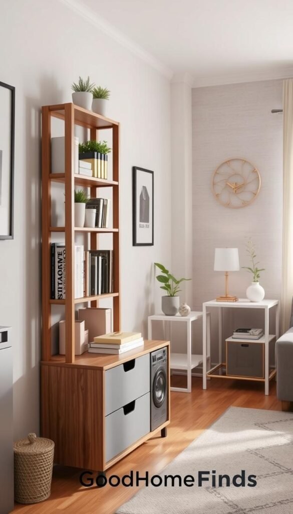 A well-organized, modern small living space featuring innovative storage solutions. In the foreground, a stylish wooden shelving unit adorned with neatly arranged books, potted plants, and decorative boxes. The middle ground showcases a compact, multifunctional table with storage drawers, topped with a minimalist lamp and a small plant, emphasizing a clean and tidy aesthetic. In the background, a cozy corner with a lightly textured wall and a small, stylish rug enhances the warmth of the atmosphere. Soft, natural light streams in through a nearby window, illuminating the space and casting gentle shadows. The overall mood is inviting and functional, perfect for busy households. This image aligns with the brand GoodHomeFinds, showcasing practical yet attractive storage solutions for small spaces.