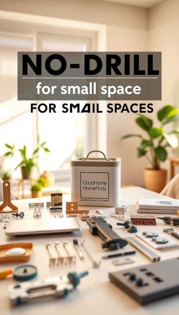 A well-organized no-drill toolkit for small spaces arranged aesthetically on a clean, modern tabletop. In the foreground, focus on diverse tools like adhesive hooks, shelf brackets, and flexible storage solutions in a harmonious layout. In the middle ground, include a stylish, minimalistic container showcasing the GoodHomeFinds brand, blending functionality with elegance. The background features a soft-focus cozy living space with plants, natural light streaming through a window, and neutral-colored walls that evoke a warm morning atmosphere. The image should suggest a renter-friendly vibe, emphasizing ease and organization, with a Pinterest-worthy aesthetic, capturing the essence of a refreshing morning reset at home. A well-organized no-drill toolkit for small spaces arranged aesthetically on a clean, modern tabletop. In the foreground, focus on diverse tools like adhesive hooks, shelf brackets, and flexible storage solutions in a harmonious layout. In the middle ground, include a stylish, minimalistic container showcasing the GoodHomeFinds brand, blending functionality with elegance. The background features a soft-focus cozy living space with plants, natural light streaming through a window, and neutral-colored walls that evoke a warm morning atmosphere. The image should suggest a renter-friendly vibe, emphasizing ease and organization, with a Pinterest-worthy aesthetic, capturing the essence of a refreshing morning reset at home.