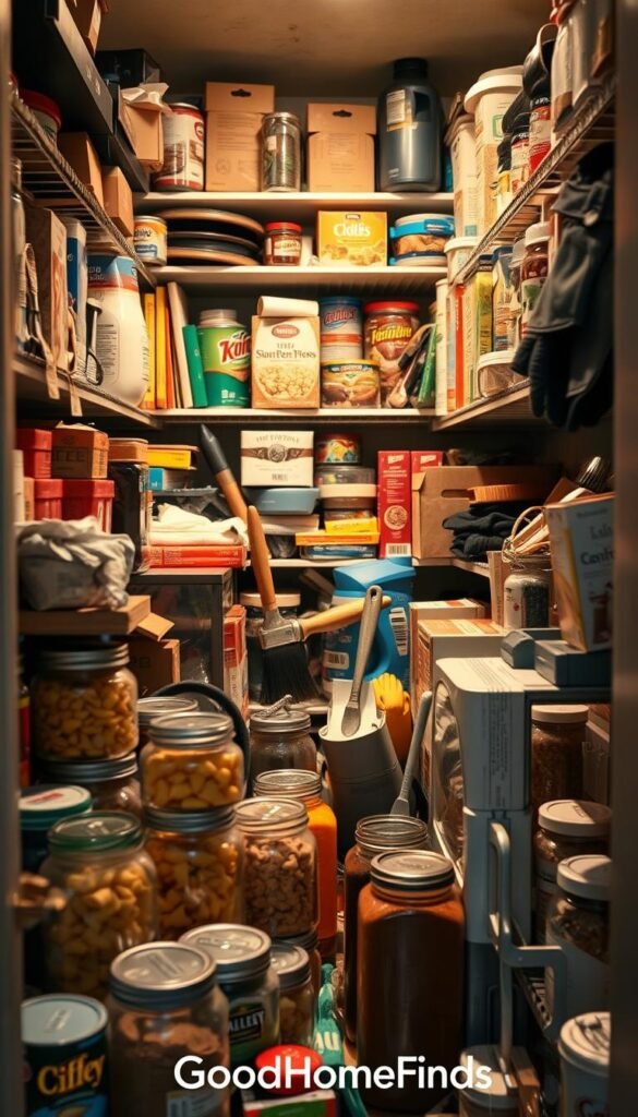 A well-organized pantry filled with a variety of food items, but cluttered with non-food objects like cleaning supplies, tools, and miscellaneous household items, creating a chaotic atmosphere. In the foreground, focus on jars of pasta and spices spilling over, mixed with boxes of cereal stacked haphazardly next to a dusty paintbrush and a gardening glove. The middle ground features neatly arranged shelves, yet some items are precariously leaning, indicating disorganization. In the background, a dimly lit area reveals shadows of misplaced items adding to the cluttered feel. Use soft, warm lighting to evoke a homely yet chaotic mood. Capture the scene from a slightly angled perspective, akin to a lifestyle photo, styled for GoodHomeFinds, highlighting the importance of organization in a pantry.