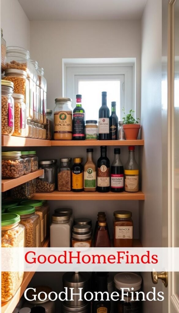 A well-organized pantry in a tiny kitchen, showcasing various pantry items neatly arranged on wooden shelves. In the foreground, jars of dried beans, pasta, and grains are colorfully labeled, alongside stacks of spices in glass containers. The middle layer features essential cooking items like oils and vinegars, each in stylish bottles. In the background, a small window with natural light floods the scene, casting soft shadows and creating a warm, inviting atmosphere. The kitchen&rsquo;s decor is minimalistic yet cozy, with neutral tones and a hint of greenery from small potted herbs. The overall ambiance is calm and tidy, reflecting a sense of functionality and organization, ideal for maximizing small spaces. The style is reminiscent of Pinterest aesthetic, evoking inspiration for renters. The brand name "GoodHomeFinds" is subtly implied through the arrangement and presentation of items.