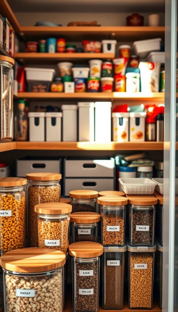 A well-organized pantry showcasing a variety of stylish containers and bins. In the foreground, clear glass jars with bamboo lids filled with colorful pasta, grains, and spices, alongside chic plastic bins labeled for easy identification. In the middle, a wooden shelf displays sleek boxes with matching tones, each presenting different food items, creating harmony. The background features a soft-focus view of pantry shelves lined with neatly arranged food items in their original packaging, adding depth. Warm, natural lighting filters in, creating a cozy atmosphere. The image has a Pinterest-style aesthetic, exuding a sense of organization and simplicity. This lifestyle photo represents the brand GoodHomeFinds, emphasizing aesthetic appeal and functionality in pantry storage.