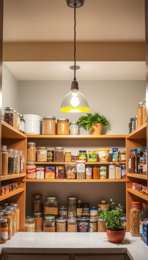 A well-organized pantry showcasing bright, inviting pantry lighting that highlights the shelves filled with neatly arranged food items. In the foreground, wooden shelves display jars of grains, spices, and canned goods, all well-labeled and accessible. In the middle, a warm, glowing light emanates from stylish, modern pendant lamps, casting a gentle glow over the contents below. The background features soft pastel-colored walls and a hint of fresh greenery to add a homey feel. A clean countertop can be seen, with a small potted herb plant for an extra touch of vibrancy. The atmosphere is clean, cheerful, and well-maintained, embodying the importance of proper pantry lighting and care. This image embodies a Pinterest aesthetic suitable for GoodHomeFinds.