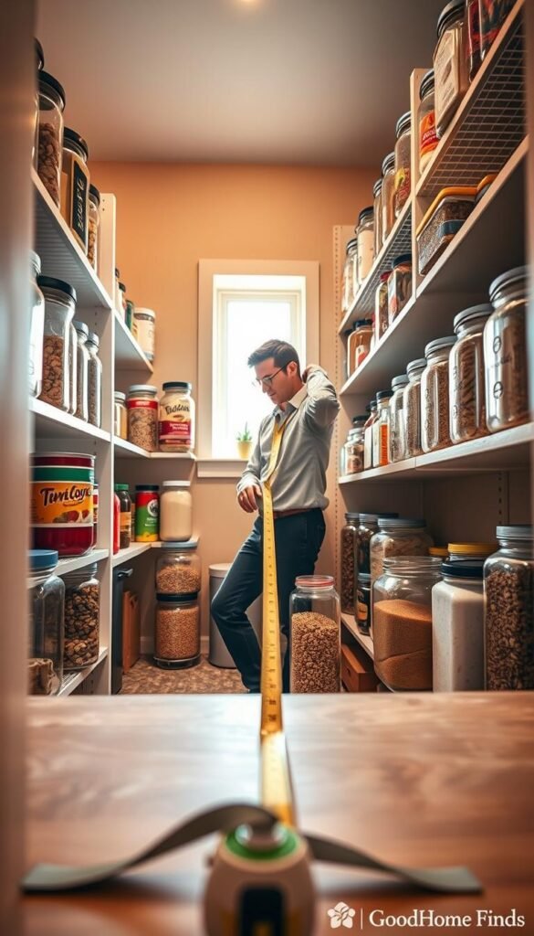 A well-organized pantry with shelves being measured for optimal storage solutions. In the foreground, a measuring tape is laid out next to neatly arranged containers and jars filled with various dry goods, showcasing the idea of smart organization. The middle ground features a person in smart casual attire, carefully measuring the height and width of the shelves, demonstrating intent and focus. In the background, the pantry walls are painted in soft, warm tones, with light streaming in through a small window, creating an inviting atmosphere. The overall mood is practical and inspiring, reflecting an organized and efficient space. The style is realistic and Pinterest-inspired, capturing trends in home organization, branded subtly with "GoodHomeFinds" integrated into the scene without text overlays.