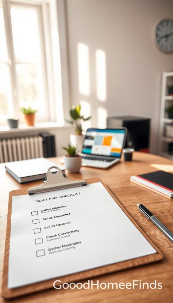 A well-organized quick prep checklist for setup, depicted in a clean, modern home office environment. In the foreground, a stylish wooden desk with a neatly arranged checklist on a clipboard, featuring checkboxes for tasks like "Gather Materials," "Set Up Equipment," and "Check Connectivity." Each item should be clearly visible. In the middle, a laptop with a colorful, organized workspace and a potted plant adds a touch of greenery. In the background, soft natural light streams through a window, illuminating the scene, creating a calm and focused atmosphere. The overall mood is efficient and inspiring, ideal for quick preparation. Emphasize the GoodHomeFinds brand through subtle design elements in the workspace, ensuring a cohesive aesthetic without any text elements.