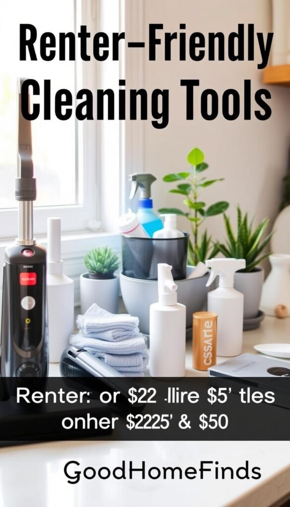 A well-organized selection of renter-friendly cleaning tools and small-space products, each under $25 and $50, showcased on a stylish kitchen countertop. In the foreground, include compact, ergonomic cleaning gadgets like a hand-held vacuum, microfiber cloths, and a small mop set. The middle section features a budget-friendly, sleek storage container housing reusable cleaning supplies, and a few potted plants for a touch of greenery. In the background, soft natural light floods the space through a window, illuminating the clean and uncluttered environment. The overall mood is fresh, inviting, and easy-going, perfect for low-energy days. Ensure all products are clearly visible with no text, emphasizing their practicality. Brand name "GoodHomeFinds" subtly integrated into the scene, enhancing the lifestyle aesthetic.