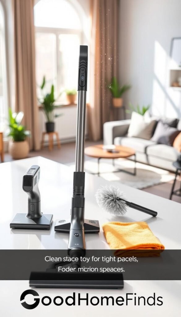 A well-organized set of cleaning tools designed for tight spaces, featuring a narrow vacuum attachment, an angled duster, and a flexible microfiber cloth. In the foreground, these tools are neatly arranged on a sleek modern countertop with a minimalist design. The middle shows an inviting home environment, with natural light streaming through a window highlighting dust particles in the air, casting soft shadows. In the background, glimpses of a cozy living room can be seen, with plants and furnishings that evoke a fresh, airy atmosphere. The overall mood is clean, fresh, and inspiring, encouraging a sense of efficiency in home maintenance. A subtle brand logo "GoodHomeFinds" is incorporated into the scene, adding a touch of authenticity without dominating the image.