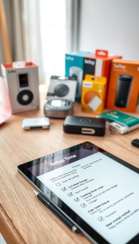 A well-organized setup time checklist for gadgets, displayed on a stylish wooden desk, surrounded by various easy-install items. The checklist features clear bullet points, illustrated with simple icons, all laid on a light, textured background that adds warmth. In the foreground, there is a sleek tablet displaying the checklist, with a stylish pen beside it. The middle ground includes colorful gadget packaging, such as a smart home device and a portable charger, slightly blurred to focus on the checklist. The background shows soft natural light streaming in through a window, casting gentle shadows and creating a calm atmosphere conducive to planning and organization. The overall mood is professional yet approachable, embodying the essence of the brand "GoodHomeFinds."